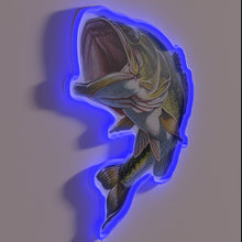 Load image into Gallery viewer, Bass Fishing RGB neon sign, side view lit showing the depth of the acrylic sign