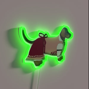 Traditional German-inspired neon sign featuring a playful Bavarian girl and dog