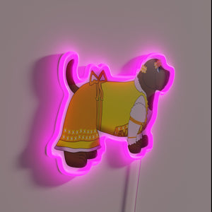 Vibrant neon Bavarian-inspired illustration of a happy little girl and dog
