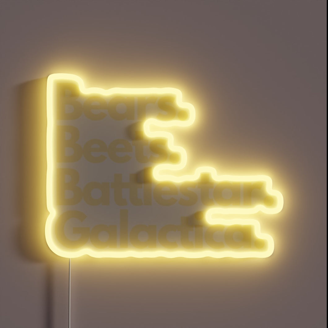Galactic-themed neon sign featuring Battlestar's iconic beeps and bear graphics