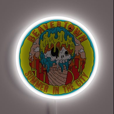 Eye-catching RGB neon sign illuminating Beavertown's 'Summer in the City' branding.