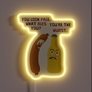 Humorously brewed puns meet German cuisine in this colorful sign.