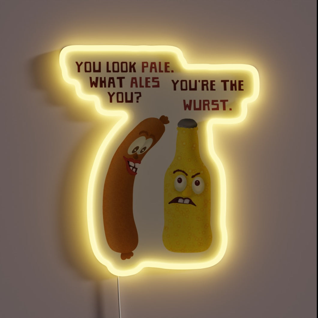 Humorously brewed puns meet German cuisine in this colorful sign.