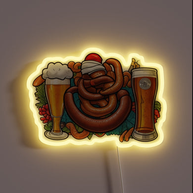 Vibrant RGB neon sign featuring beer and sausage theme