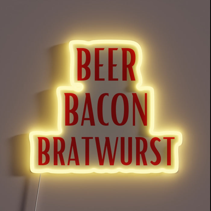 Colorful neon sign featuring beer, bacon, and bratwurst in vibrant hues