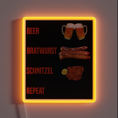 Vibrant Neon Sign Reads 'Beer Bratwurst Schnitzel Repeat' in Bold Letters