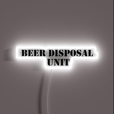 Vibrant RGB neon sign illuminates beer disposal unit's functionality.