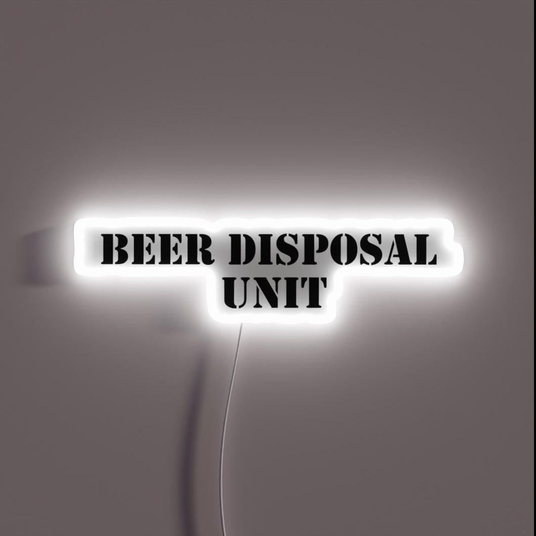 Vibrant RGB neon sign illuminates beer disposal unit's functionality.