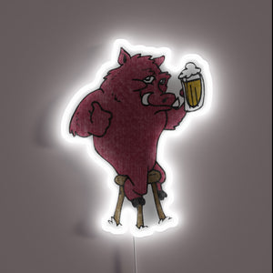 Retro Army-inspired neon sign featuring a razorback hog and beer