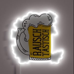 Neon-lit beer garden essentials with colorful mug and wooden barrel.