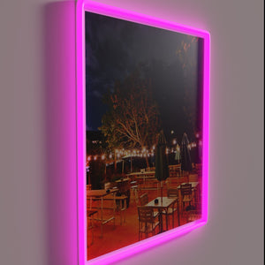 Neon illuminated beer garden sign with customizable RGB color options