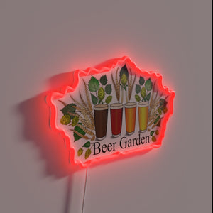 Vibrant bar decor with colorful glowing beer garden ambiance lighting.