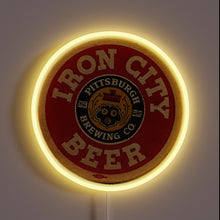 Load image into Gallery viewer, Iron City Beer neon sign – vintage round design featuring Pittsburgh Brewing Co. logo, ideal for bars, man caves, or collectors of classic American brews.