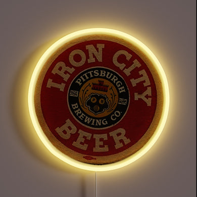 Iron City Beer neon sign – vintage round design featuring Pittsburgh Brewing Co. logo, ideal for bars, man caves, or collectors of classic American brews.