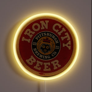 Iron City Beer neon sign – vintage round design featuring Pittsburgh Brewing Co. logo, ideal for bars, man caves, or collectors of classic American brews.