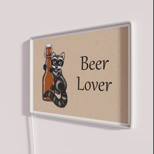 Vibrant neon beer-themed decorative wall sign for raccoon enthusiasts indoors