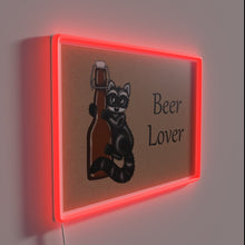 Load image into Gallery viewer, Neon beer-themed decorative sign with colorful raccoon and lighting accents.
