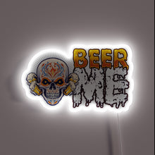 Load image into Gallery viewer, Vibrant Day of the Dead skull beer sign with neon glow