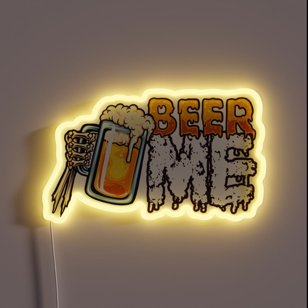 Beer loving skeleton's hand holds beer mug under colorful RGB neon.