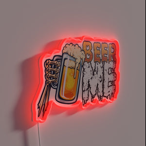 Vintage neon skeleton's outstretched hand beckons you to grab a beer.