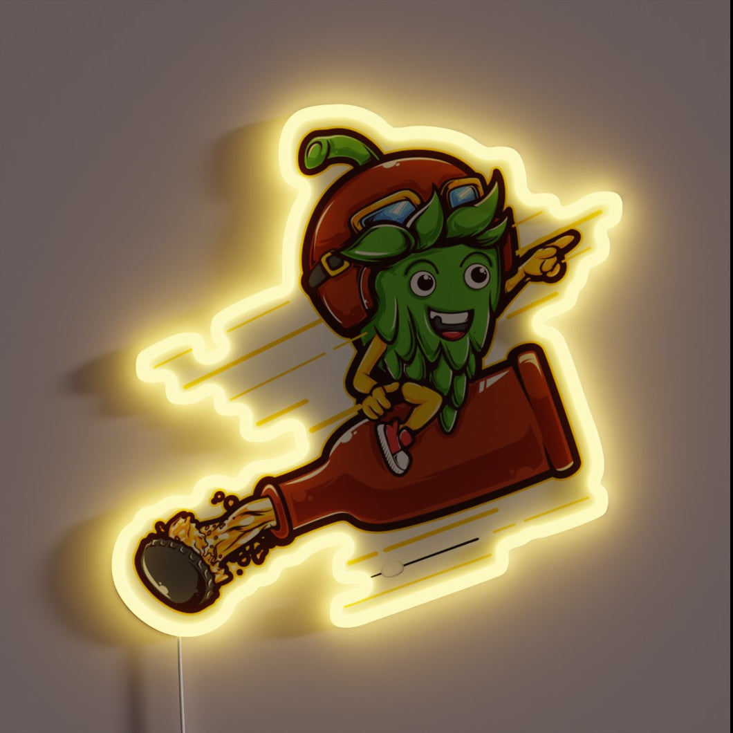 Neon beer sign featuring colorful hops and illuminated rocket.