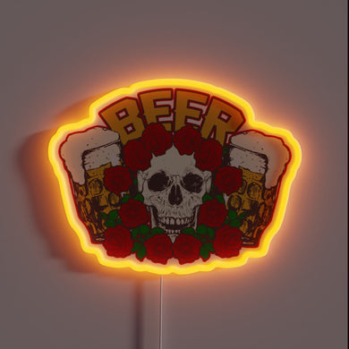 Bright, colorful neon sign featuring a beer-skull design in RGB.