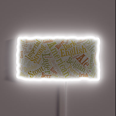 Eye-catching LED neon sign displaying vibrant beer word cloud design.