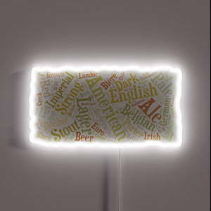 Eye-catching LED neon sign displaying vibrant beer word cloud design.