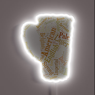Vibrant LED sign featuring colorful beer-related word cloud design