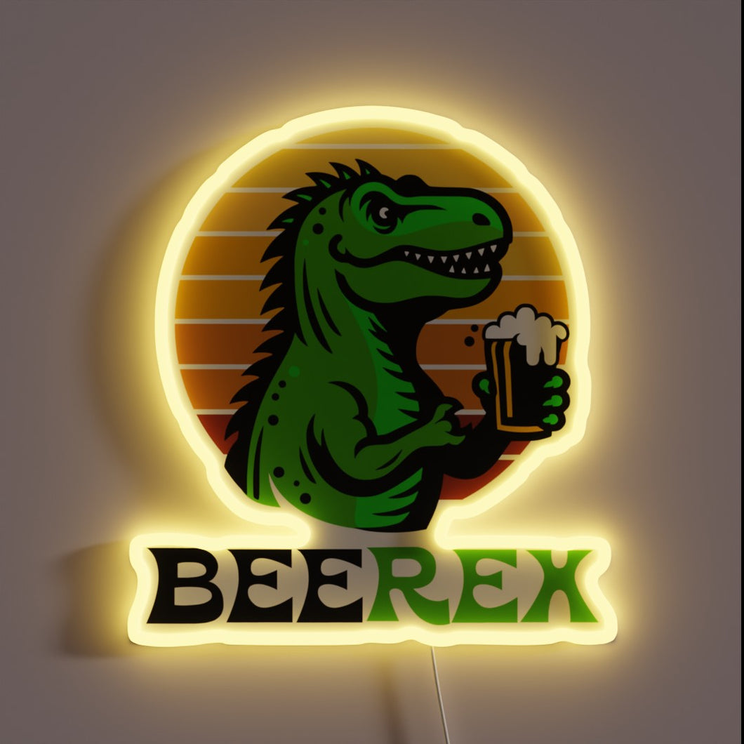 Retro-style neon sign featuring T Rex enjoying a cold beer.