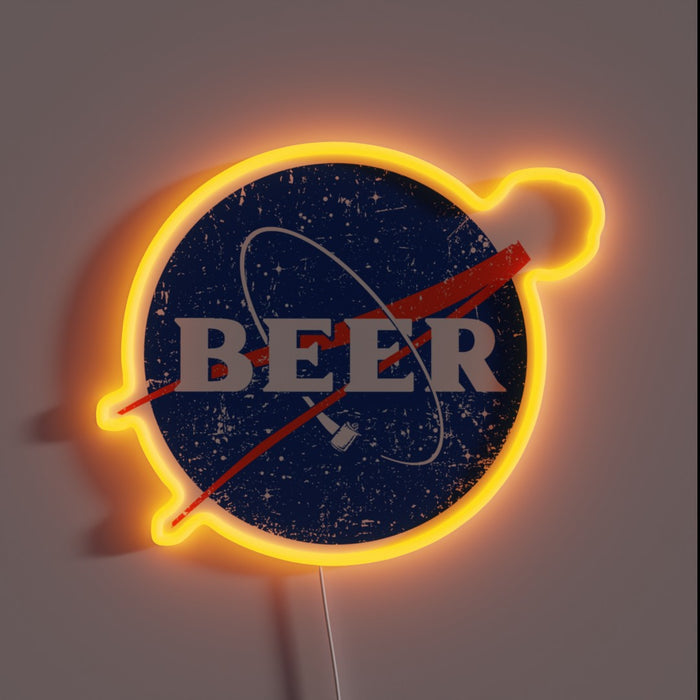Out-of-this-world beer bar decor featuring vibrant space-inspired LED signage.