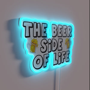 Neon sign featuring colorful beers and fun life quotes illuminated.