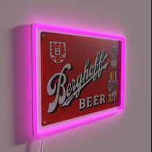 Load image into Gallery viewer, Vintage Berghoff Beer Distressed Sign with Neon RGB Accents