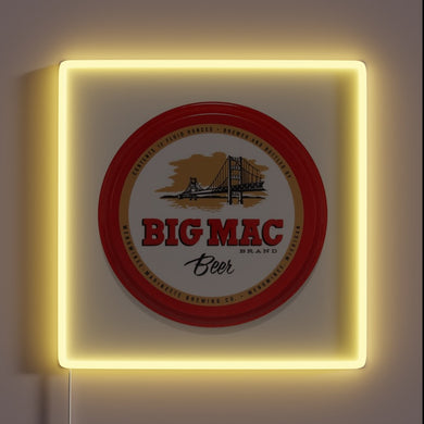 Backlit Big Mac beer logo in vibrant RGB neon color.