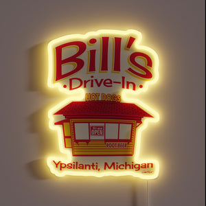 Brightly lit vintage hot dog stand signage in bold neon