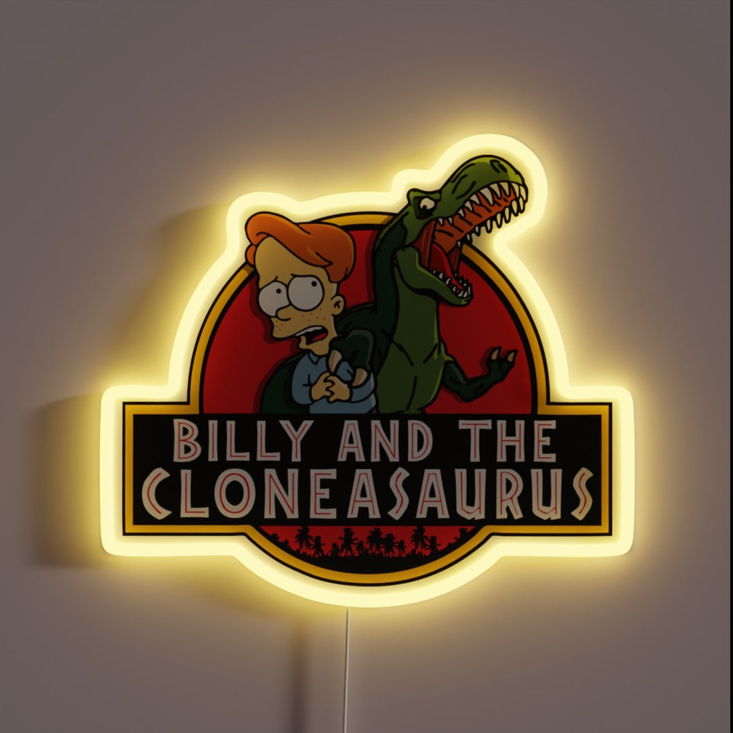 Vintage-inspired neon sign featuring colorful, swirling clone dinosaurs and name.