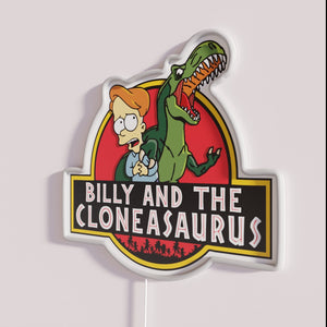 Vibrant neon art decor featuring Billy and the Cloneasaurus mascot