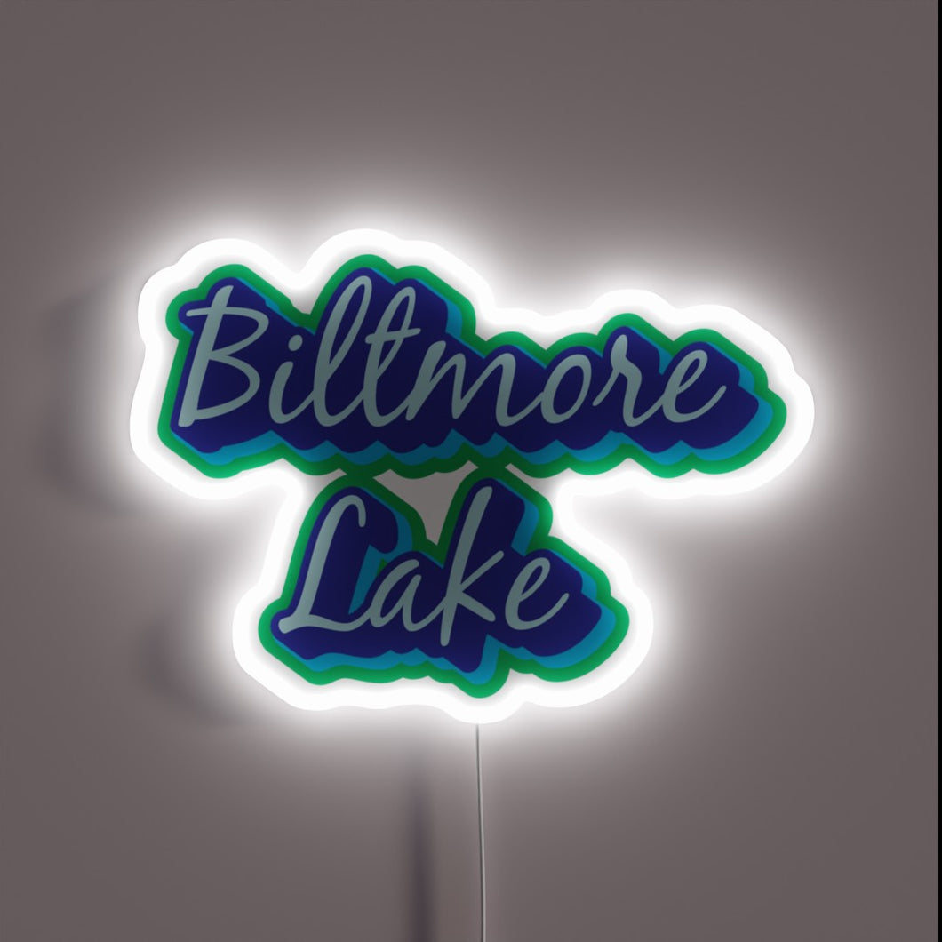 Colorful Biltmore Lake, NC, Asheville, WNC illuminated RGB neon welcome sign.