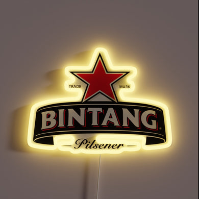 Indoor bar decoration featuring multicolor neon Bintang beer logo.