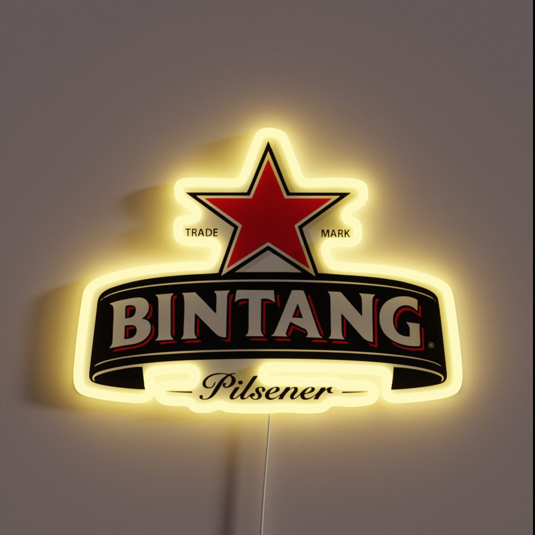 Indoor bar decoration featuring multicolor neon Bintang beer logo.
