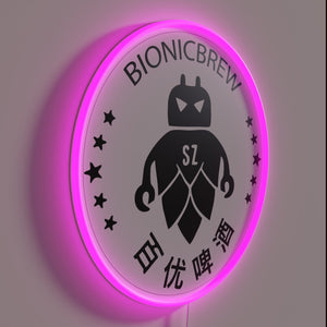 Robotic Brewing Station with Vibrant RGB Neon Signs at Night
