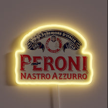 Load image into Gallery viewer, Neon sign shaped like a vintage Peroni Nastro Azzurro beer label, glowing with a yellow light.
