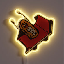 Load image into Gallery viewer, Cartoon Bitcoin coin riding a red roller coaster with arms raised, glowing with a yellow neon outline.
