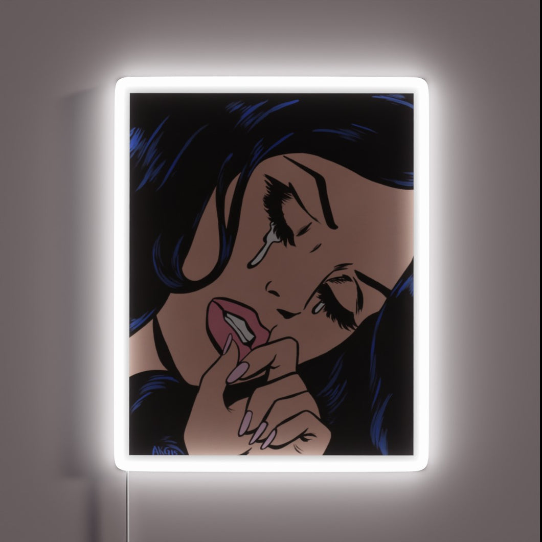 Crying comic girl neon sign with white LED frame