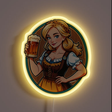 Vibrant Neon Sign Featuring Happy Blonde Girl and Beer Stein