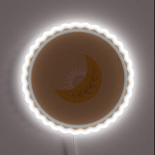 Load image into Gallery viewer, Boho-style moon and sun neon sign with leaf accents.