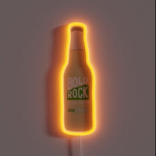 Load image into Gallery viewer, Neon sign shaped like a Bold Rock Hard Cider bottle with orange glow.
