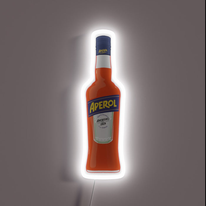 Neon sign shaped like a bottle of Aperol with white glow.
