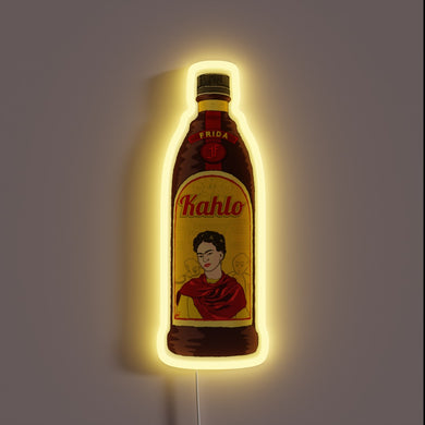 Neon sign shaped like a bottle featuring Frida Kahlo's portrait and the label 