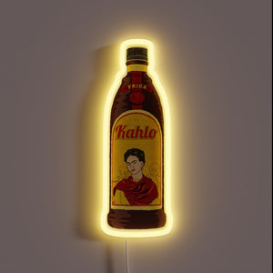 Neon sign shaped like a bottle featuring Frida Kahlo's portrait and the label 